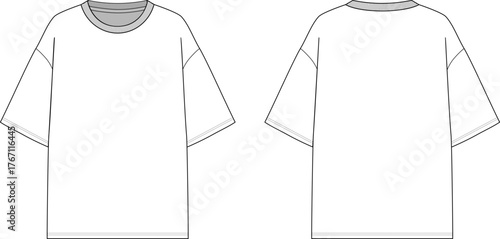 Blank crew neck drop shoulders oversized unisex t shirt technical fashion sketch front and back view 

