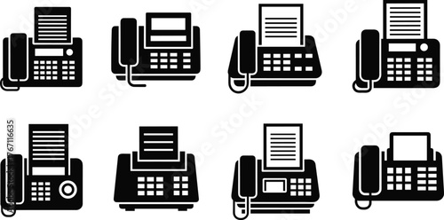 Collection of fax machine icons, office communication equipment, document sending devices, telephone and printer symbols, retro and modern technology tools