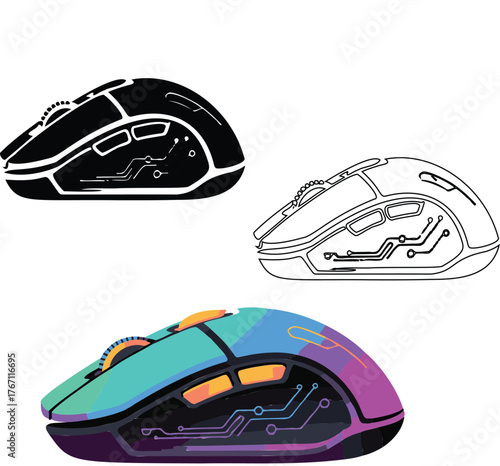 Gaming mouse set with black and white outline and colorful design