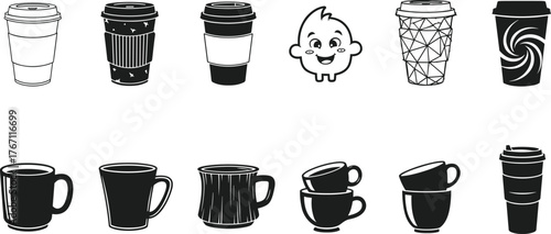 Coffee cup icons, ceramic mug silhouettes, disposable drink containers, black and white vector set, beverage illustration, caffeine branding elements