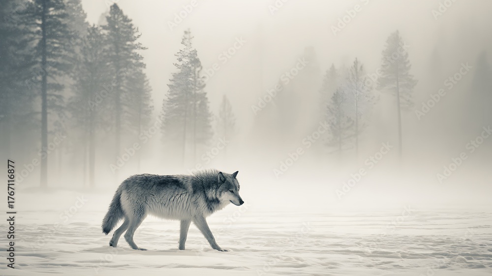 Obraz premium Solitary canine traverses a snow-covered expanse amidst a heavily fogged evergreen forest