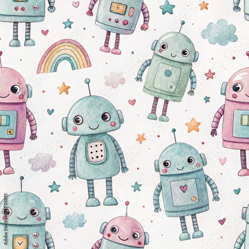 Watercolor seamless pattern featuring cute smiling robots rainbows stars and clouds on white