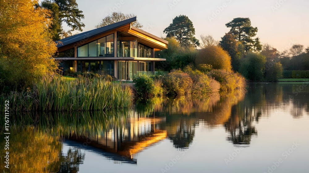Naklejka premium Contemporary architectural dwelling stands beside tranquil water reflecting warm evening light