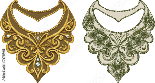 Elegant ornamental collar design illustration, vintage gold and green embroidered fashion accessory with gemstone detail, luxury decorative necklace art