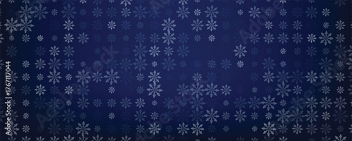 Sparse snowfall Christmas background. Subtle flying snow flakes and stars on dark blue night background. Beauteous winter silver snowflake overlay template. Symmetrical vector illustration.
