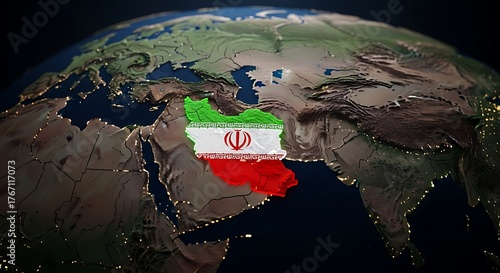 Iran map flag on globe 3D rendering with cities illuminated at night