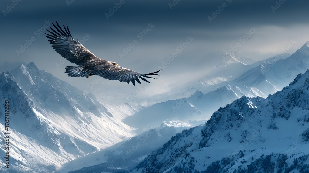 Fototapeta premium Majestic raptor soars above a vast, snow-covered mountain range under a dramatic sky