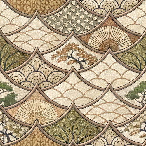 Seamless Japanese inspired pattern featuring stylized trees fans and geometric wave motifs in earth tones