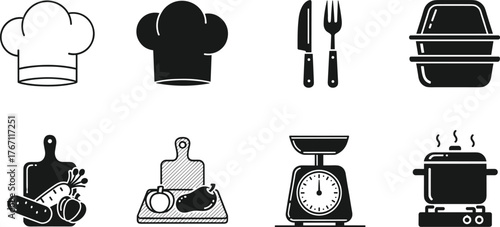 Kitchen and cooking equipment icons set with chef hat, knife, vegetables, scale, and boiling pot black silhouette design