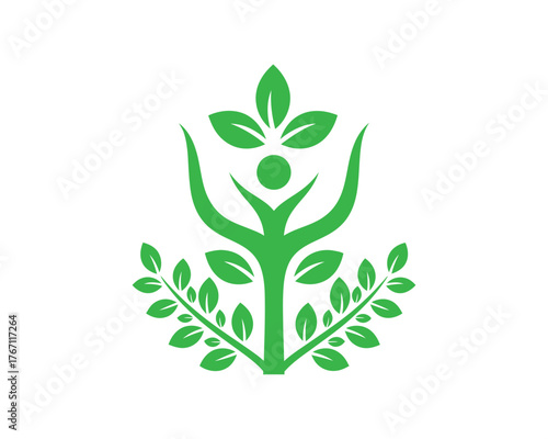 An ecofriendly logo featuring a stylized human figure with leaves, representing health, nature, and sustainable living isolated on white background, promoting wellness and harmony