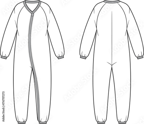 Jumpsuit technical sketch, fashion illustration front back view, diagonal zipper, elastic cuffs, garment design, apparel template, clothing construction details