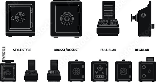 Safe box silhouette set with different styles, secure vault icons, black vector illustration for finance, security, protection design