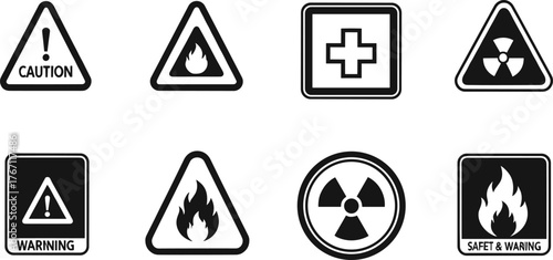 Safety and warning sign collection, caution, flammable, radiation, health hazard, danger, emergency symbol vector set, industrial icon illustration