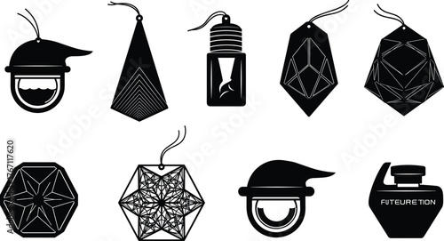 Set of geometric perfume bottle and hanging tag vector illustration, black and white modern fragrance container design, minimal style
