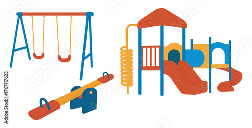 Playground illustration set. Flat design art nostalgia community park vector.