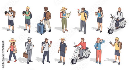 Isometric Travelers with Luggage, Maps, and Scooters Ready for Adventure