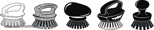 Set of kitchen hand scrub brushes, dishwashing cleaning tools, household cleaning brush collection, hygiene equipment isolated on white background illustration