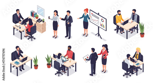 Isometric Business Communication Office Scenes Illustrating Meetings, Presentations, and Collaboration
