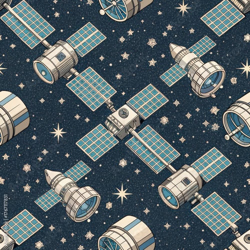 Seamless pattern of white and blue satellites with solar panels orbiting against a dark starry space background
