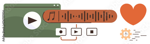 Media player with play button, audio wave, music note, playback controls, and heart. Ideal for content creation, streaming, podcasting, audio management multimedia engagement simple flat metaphor