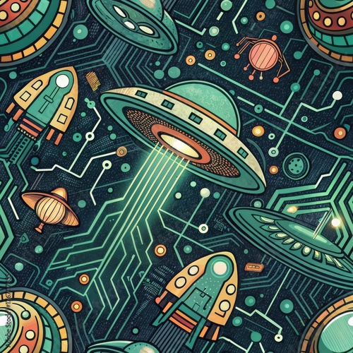 Vintage style seamless pattern featuring flying saucers and spacecraft against a dark circuit board background