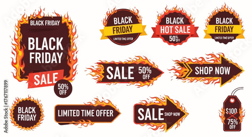 Set of fiery black Friday sale banners with hot offer discounts and promotional deals