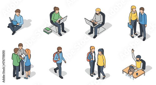 Isometric illustration depicting people interacting with technology and engaging in educational activities