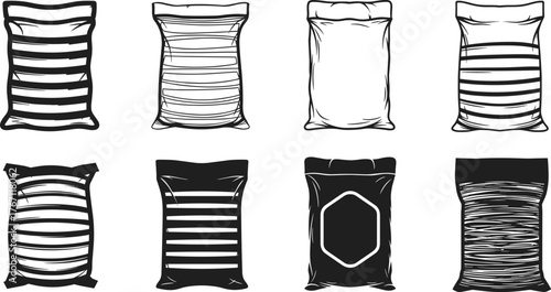 Set of realistic sack bag silhouette vector illustration, packaging pouch collection, plastic food bag design black and white icon