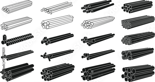Set of steel rod bundle icons, metal bar collection, industrial construction material illustration, reinforcement and manufacturing vector design, silhouette