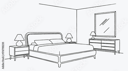 Bedroom interior line drawing furniture lamps mirror and bedside tables art