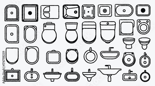 Bathroom fixtures outline icon set seamless pattern design element