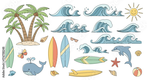 Hand-drawn collection of summer beach elements including ocean waves, surfboards, palm trees, and cute marine life doodles for vacation designs