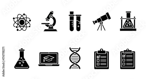 Collection of science and technology icons, including atom, microscope, test tubes, telescope, flask, laptop, DNA, and clipboard