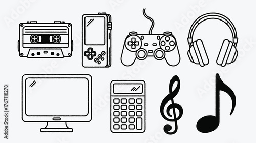 Collection of vintage and modern electronics and musical items in line art