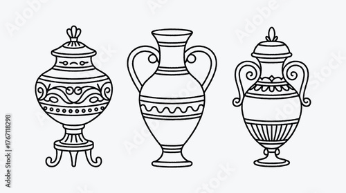 Elegant Ancient Pottery Vase Collection with Intricate Line Art Design