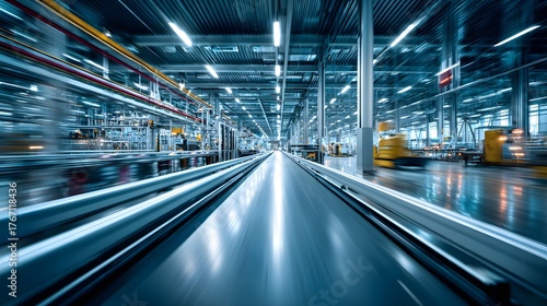 Interior view shows a high speed automated production line moving through a large industrial facility