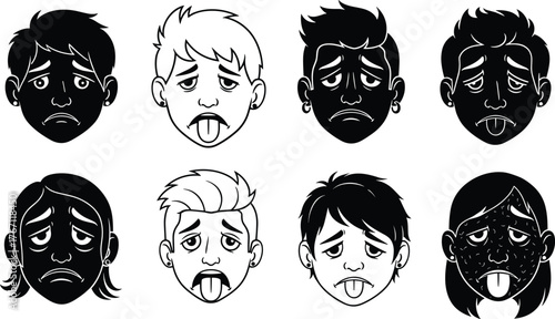 Sick face icons, cartoon expressions, illness symptoms, sad faces, tongue out, acne skin, vector illustration, emotional design, health concept