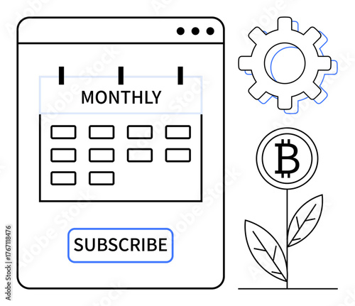 Calendar marked for monthly payments, Subscribe button, Bitcoin plant symbolizing growth, gear for automation. Ideal for finance, subscription, growth, blockchain, investment technology simple flat