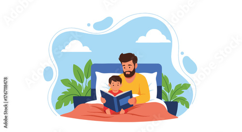 Adobe illustrator artwork vector illustration. Father reading a bedtime story to his son, a tender moment of bonding, imagination, and a peaceful evening routine