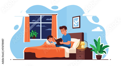 Adobe illustrator artwork vector illustration. Father reading a bedtime story to his son, a tender moment of bonding, imagination, and a peaceful evening routine