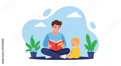 Adobe illustrator artwork vector illustration. Father reading a bedtime story to his son, a tender moment of bonding, imagination, and a peaceful evening routine