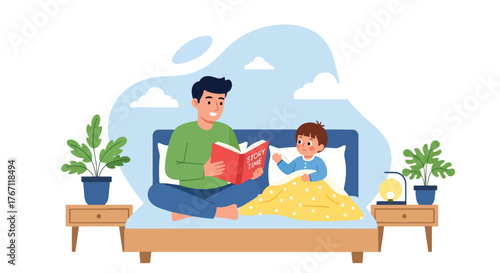 Adobe illustrator artwork vector illustration. Father reading a bedtime story to his son, a tender moment of bonding, imagination, and a peaceful evening routine