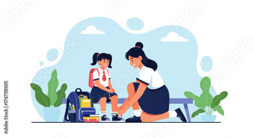 Adobe illustrator artwork vector illustration. Big sister helping her younger sister tie shoelaces, a tender scene of care, support, and school preparation