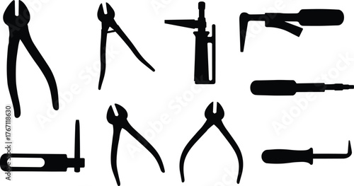 Silhouette collection of hand tools pliers screwdrivers and cutters, black vector illustration for workshop, repair, maintenance and construction design