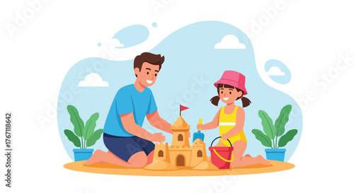 Adobe illustrator artwork vector illustration. Father and daughter building a sandcastle, a delightful scene of summer fun, creative play, and family bonding