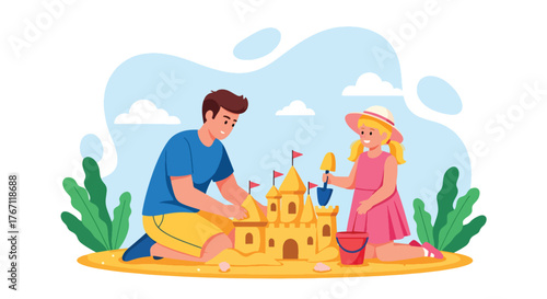 Adobe illustrator artwork vector illustration. Father and daughter building a sandcastle, a delightful scene of summer fun, creative play, and family bonding