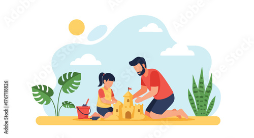 Adobe illustrator artwork vector illustration. Father and daughter building a sandcastle, a delightful scene of summer fun, creative play, and family bonding