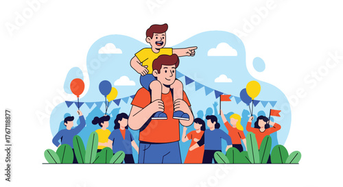 Adobe illustrator artwork vector illustration. Diverse crowd with a father carrying his child on shoulders, symbolizing community, joy, and family togetherness.