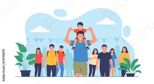 Adobe illustrator artwork vector illustration. Diverse crowd with a father carrying his child on shoulders, symbolizing community, joy, and family togetherness.