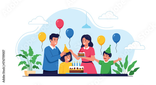Adobe illustrator artwork vector illustration. Happy family celebrating a birthday with cake and balloons, a cheerful moment of joy and togetherness